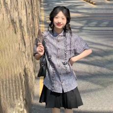 批发日系复古荷叶格子短袖衬衫<b class='q'>街头</b>夏季潮牌设计宽松衬衣格纹休闲上衣