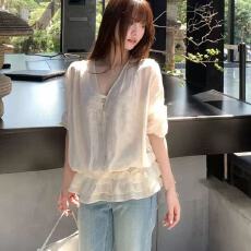 批发法式甜美风V领荷叶边抽绳<b class='q'>长袖</b><b class='q'>衬衫</b>夏季女防晒宽松显瘦