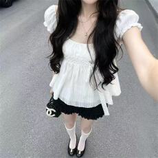 批发法式甜辣时尚蝴蝶结波点泡泡袖娃娃上衣<b class='q'>女</b>+蓬蓬蛋糕<b class='q'>短裤</b>两件/套装