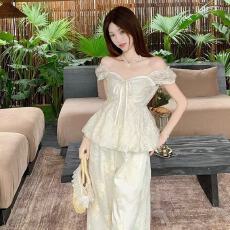 批发法式温柔套装短袖V领<b class='q'>白色</b><b class='q'>衬衫</b>女装夏季高腰拖地裤两件套