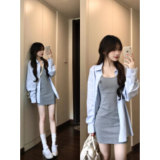 批发韩系穿搭灰色吊带背心连衣裙包臀裙女夏季休闲显瘦<b class='q'>长袖</b>衬衫两件套