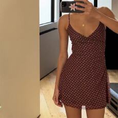 批发欧美性感棕色波点网纱吊带裙女夏季新款露背绑带收腰a裙<b class='q'>连衣裙</b>