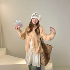 批发洋气长袖针织衫女不对称花边领镂空钩花开衫上衣时尚百搭宽松外套