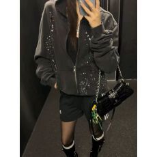 批发oversize原创设计满天星烫钻水洗做旧男女拉链连帽秋<b class='q'>冬</b>卫衣外套潮