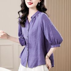 批发高级感紫色上衣女2026春秋季中年<b class='q'>妈妈装</b>七分袖百搭纯色衬衫