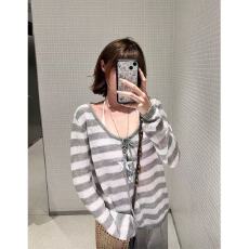 批发法式斜肩撞色条纹抽绳长袖针织<b class='q'>衫</b>女夏季新款外搭防晒<b class='q'>空调</b>罩<b class='q'>衫</b>上衣