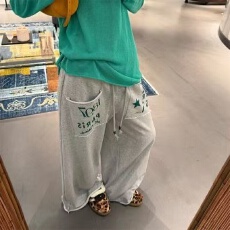 批发韩系休闲百搭设计感绿色字母数字印花女秋季新款百搭卷边拖地卫<b class='q'>裤</b>