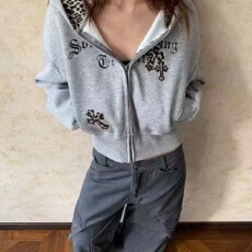 批发美式复古豹纹十字架连帽卫衣女秋季宽松休闲<b class='q'>短</b>款开衫外套帽衫上衣