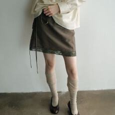 批发复古文艺风<b class='q'>蕾丝</b>边A字半身裙女秋季系带优雅气质<b class='q'>短裙</b>