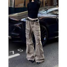 批发美式复古<b class='q'>大码</b>炮弹工装裤女夏季设计感宽松bf慵懒风灰色微喇叭<b class='q'>长裤</b>