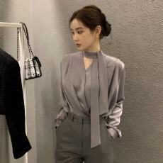 批发2026秋季高端系带醋酸缎面<b class='q'>衬衫</b>女系带飘带领带<b class='q'>ol</b>通勤法式v领上衣
