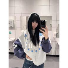 批发美式复古拼接撞色星星印花连帽<b class='q'>开衫</b>卫衣男女宽松休闲百搭外套