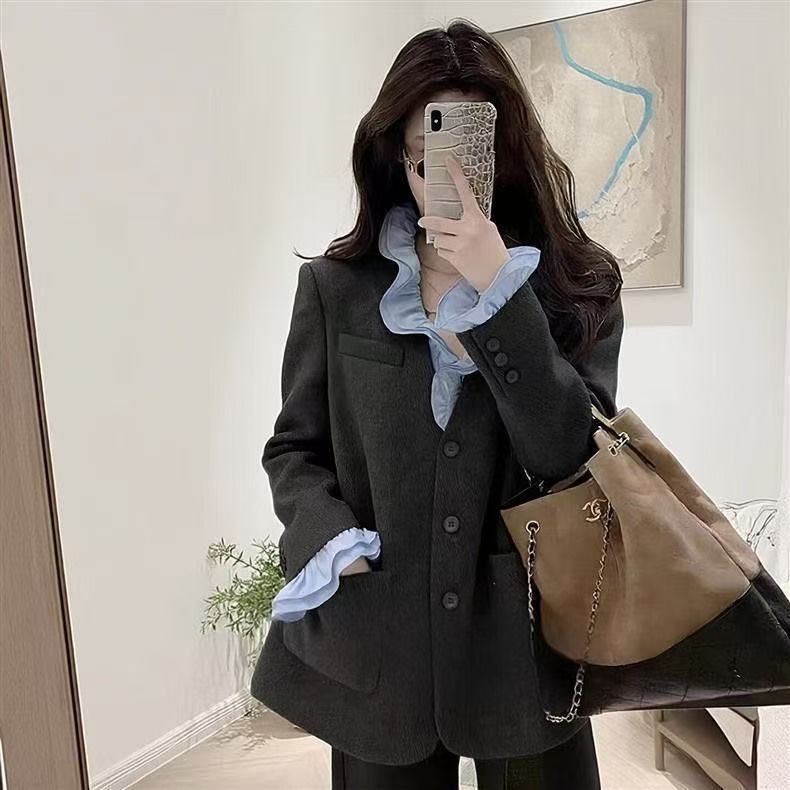 BY33404# 春季小香风宽松休闲灰色假两件衬衫领外套女新款今年流行爆款 服裝批發女裝批發服飾貨源