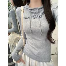 批发辣妹修身连帽长袖<b class='q'>T</b><b class='q'>恤</b>早秋百搭秋季新款连帽设计字母印花上衣打底