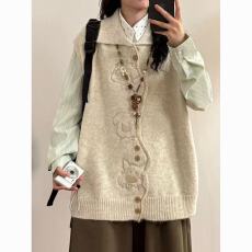 批发原创童趣风不规则线条可爱小狗刺绣翻领针织衫<b class='q'>马甲</b>背心女秋季新款