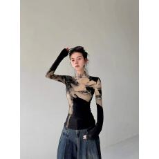 批发<b class='q'>中国风</b>花卉印花正肩打底衫女春秋季新款高领修身显瘦高级长袖T恤