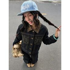 批发美式复古豹纹翻领米字柳钉牛仔<b class='q'>夹克</b>男<b class='q'>女</b>设计感宽松显瘦短款外套潮