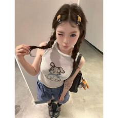 批发可爱小狗卷边白色高领吊带背心女夏季外穿<b class='q'>修身</b>显瘦设计感无袖上衣