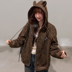 批发早秋季连帽拉链卫衣女2026新款长袖宽松开衫慵懒风正流行豹纹外套