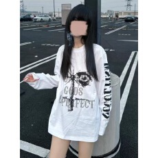 批发纯棉2026美式慵懒风中长款<b class='q'>长袖</b><b class='q'>t</b><b class='q'>恤</b>女ins嘻哈个性印花情侣上衣