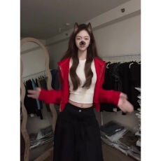 批发红色连帽开衫卫衣外套女2026秋季新款小个子短款百搭运动休闲上衣