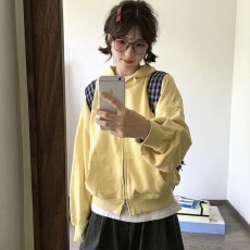批发奶黄色双拉链头连帽卫衣女春秋2026新款宽松甜美简约休闲开衫外套