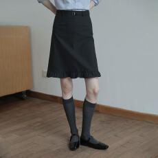 批发设计感下摆荷叶边A字半身<b class='q'>裙</b>女百搭通勤复古黑色<b class='q'>直筒</b>中<b class='q'>裙</b>秋