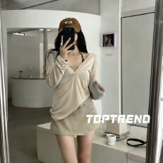 批发2026夏季新款休闲时尚套装女v领<b class='q'>长袖</b>防晒t恤搭辣妹短<b class='q'>裙</b>裤四件套