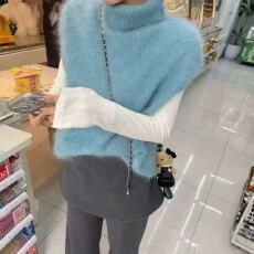 批发韩系蓝色针织高领无袖马甲<b class='q'>女</b>秋冬季叠穿坎肩短款加厚<b class='q'>背心</b>上衣外搭
