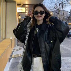 批发2025新款秋季拉链翻领pu仿皮衣外套女短款宽松显瘦美式复古机车服