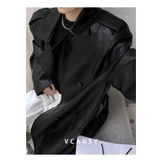 批发重工皮衣中长款欧美辣妹设计感风衣外套女2023春秋PU皮过膝大衣潮