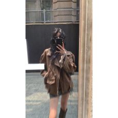 批发美拉德棕色复古PU皮机车皮衣女2024年春秋季美式宽松正肩外套