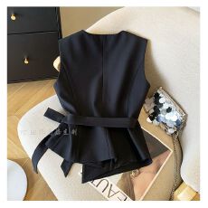 批发韩系百搭黑色V领马甲女2025<b class='q'>夏</b>季新款收腰显瘦优雅气质绑带上衣