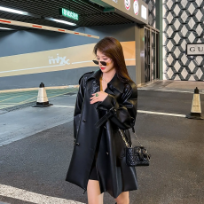 批发高级感黑色皮衣女中长款2025春季新款韩版收腰显瘦流行机车外套潮