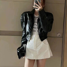 批发时尚外套女2024年爆款新款春秋宽松时尚机车休闲复古pu皮夹克短款