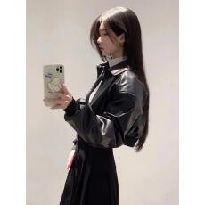 批发美式复古黑色PU皮夹克女小个子短款设计感小众皮衣外套潮酷春秋款