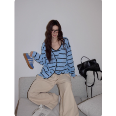 批发韩系蓝色条纹毛衣女2025秋慵懒宽松休闲<b class='q'>长袖</b>针织衫<b class='q'>外</b><b class='q'>搭</b><b class='q'>开衫</b>