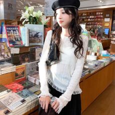 批发纯欲薄款蕾丝花边长袖针织衫秋季新款单穿法式<b class='q'>修身</b>外搭圆领上衣女