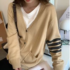 批发韩版百搭针织开衫上衣2025秋季新款慵懒风经典条纹长袖毛衣外套女