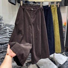 批发七八分阔腿裤女冬加绒加厚灯芯绒高腰宽松直筒裤小个子条绒靴裤