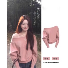 批发粉色不规则斜肩毛衣女春秋新款欧货宽松慵懒风显瘦露肩针织衫上衣