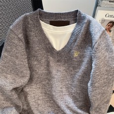 批发韩系灰色假两件外穿长袖v领毛衣女秋季设计感内搭打底针织衫上衣