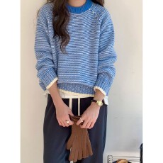 批发爆款 蓝色条纹设计感毛衣女秋冬宽松慵懒加厚圆领套头针织上衣