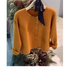 批发橘色浣熊绒<b class='q'>针织</b><b class='q'>开衫</b>女秋冬慵懒风外穿独特漂亮毛衣小香风<b class='q'>短款</b>外套