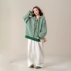 批发慵懒风条纹连帽针织衫女2025年秋冬新款宽松百搭减龄长袖毛衣外套