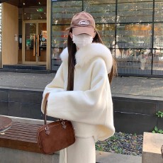 批发白色连帽毛毛领双面羊毛大衣女冬小个子高级感<b class='q'>短款</b>毛呢外套