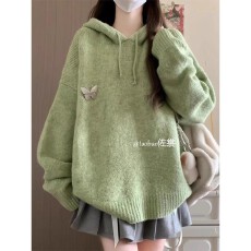 批发绿色连帽卫衣女春秋季设计感小众宽松慵懒风针织毛衣oversize外套