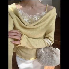 批发纯欲风荡领黄色女装冬季假两件立体<b class='q'>花朵</b>内搭长袖上衣