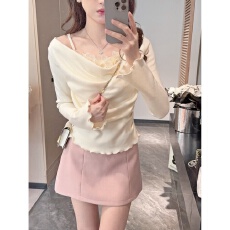 批发纯欲风荡领黄色女装冬季假两件立体<b class='q'>花朵</b>内搭长袖上衣