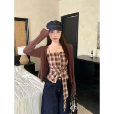 批发出大货 秋装胖mm大码女甜辣格子吊带开衫上衣两件套